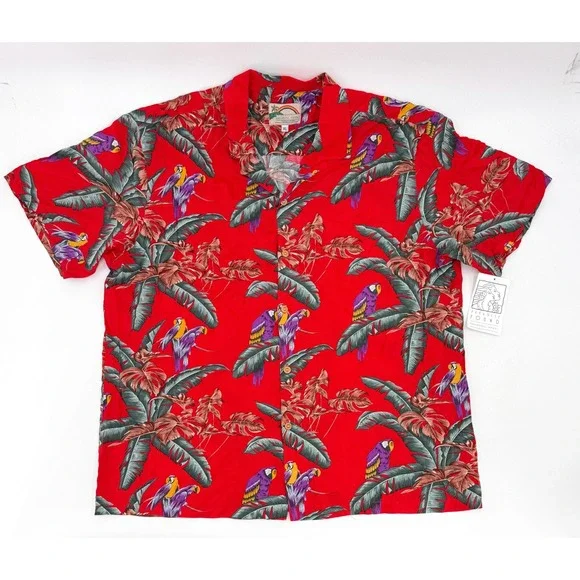 New Paradise Found Shirt Mens XL Red Hawaiian Aloha Parrot Rayon Made in Hawaii - Picture 2 of 11
